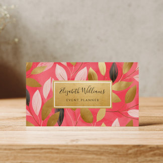 Coral Pink Gold Leaves Botanical Business Cards Visitkort
