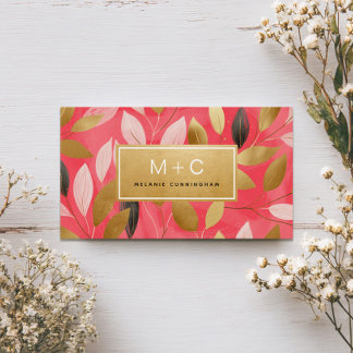 Coral Pink Gold Leaves Monogram Business Cards Visitkort