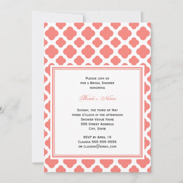 Coral Pink Quatrefoil Pattern Bridal Shower Inbjudningar (Framsida)