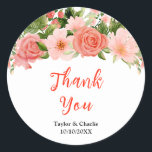 Coral Pink Roses Floral Wedding Thank You Runt Klistermärke<br><div class="desc">This beautiful and elegant wedding thank you sticker features watercolor coral pink red roses and foliage. The text combines handwritten script and serif fonts for a stylish and modern look. This is perfect for a spring or summer rustic wedding.</div>