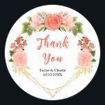 Coral Pink Roses Floral Wedding Thank You Runt Klistermärke<br><div class="desc">This beautiful and elegant wedding thank you sticker features watercolor coral pink red roses and foliage on a gold geometric frame. The text combines handwritten script and serif fonts for a stylish and modern look. This is perfect for a spring or summer rustic wedding.</div>
