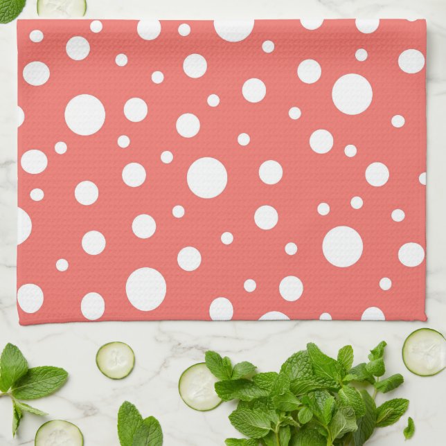 Coral Polka Dot Kökshandduk (Vikta)