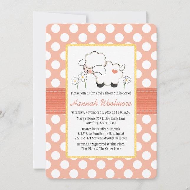 Coral Polka Dot Lamb Baby Shower Inbjudningar (Framsida)