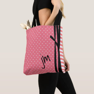 Coral Polka dots och Rand Monogrammed Tote Bag Tygkasse