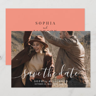 Coral Pop Modern Minimalist Fullt Photo Bröllop Spara Datumet