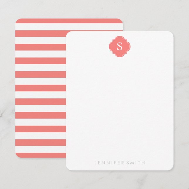 Coral Quatrefoil Monogram och Rand Note Cards Inbjudningar (Fram/baksida)
