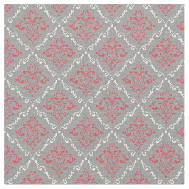 Coral Red and Cream Damask on Silver Grått Tyg (Närbild)