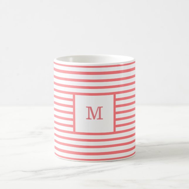 Coral Red and White Rand Anpassningsbar Monogram Kaffemugg (Center)