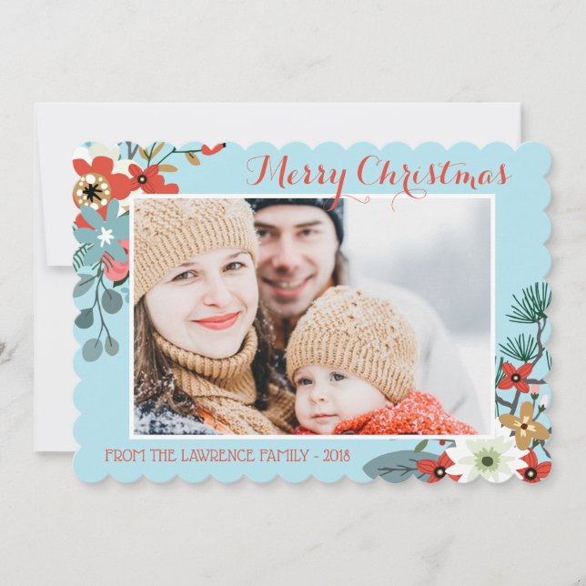 Coral Red Blommigt Blue jul Photo Julkort (Framsida)