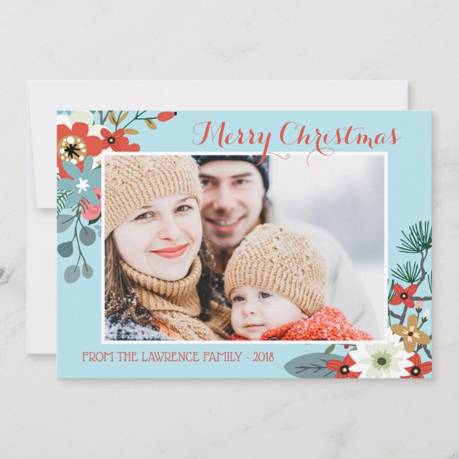 Coral Red Blommigt Blue jul Photo Julkort (Framsida)