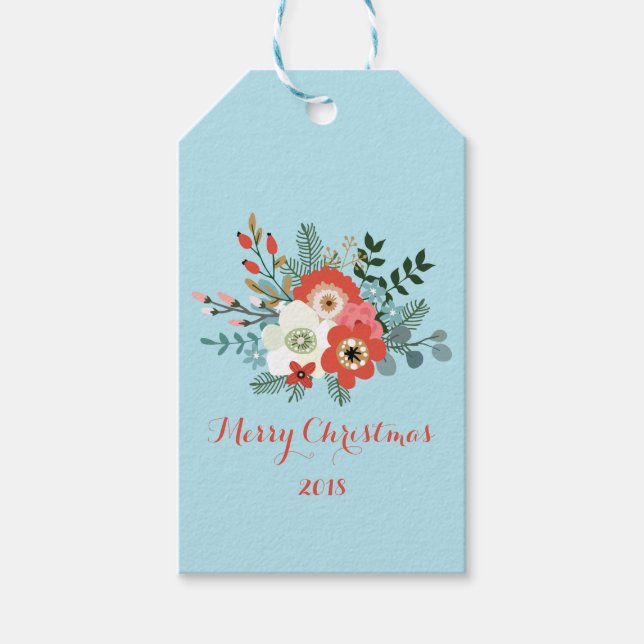 Coral Red Blommigt Blue-jul Presentetikett (Framsidan)