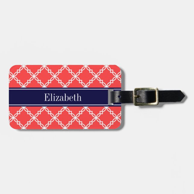 Coral Red Finare Quatrefoil Navy Namn Monogram Bagagebricka (Horisontell Framsida)