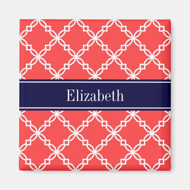 Coral Red Finare Quatrefoil Navy Namn Monogram Magnet (Framsidan)