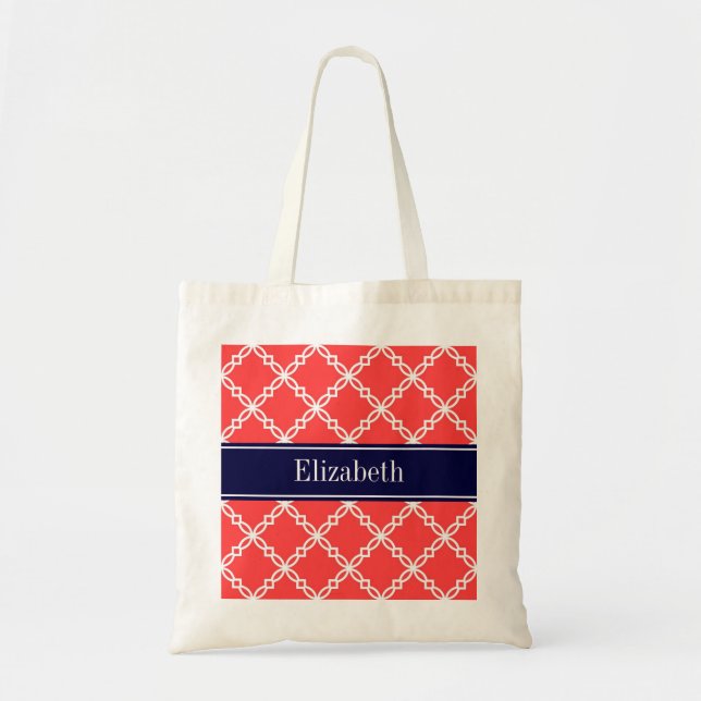 Coral Red Finare Quatrefoil Navy Namn Monogram Tygkasse (Framsidan)