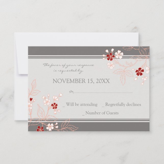 Coral Red Grått Blommigt OSA Bröllop Card Kort (Framsida)