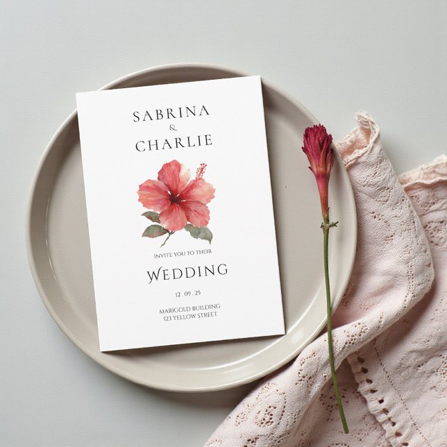 Coral Red Hibiscus Floral Tropical Wedding Inbjudningar (Coral Red Hibiscus Floral Tropical Wedding Invitation)