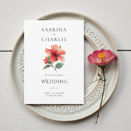 Coral Red Hibiscus Floral Tropical Wedding Inbjudningar