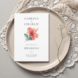 Coral Red Hibiscus Floral Tropical Wedding Inbjudningar