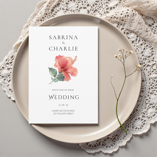 Coral Red Hibiscus Floral Tropical Wedding Inbjudningar (Coral Red Hibiscus Floral Tropical Wedding Invitation)