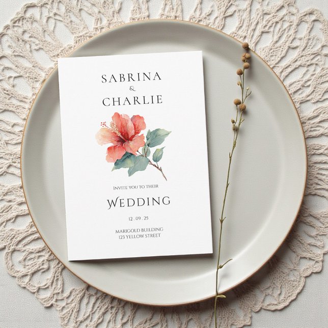 Coral Red Hibiscus Floral Tropical Wedding Inbjudningar (Coral Red Hibiscus Floral Tropical Wedding Invitation)