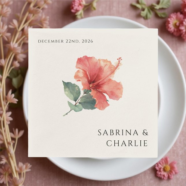 Coral Red Hibiscus Tropical Beach Wedding Pappersservett (Skapare uppladdad)