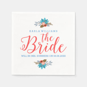 Coral Red Modern Text-the Bride & Blåa blommor Pappersservett