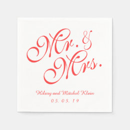 Coral Red Mr och Mrs Bröllop Papper Napkins Pappersservett