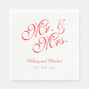 Coral Red Mr och Mrs. Bröllop Pappra Napkins Pappersservett