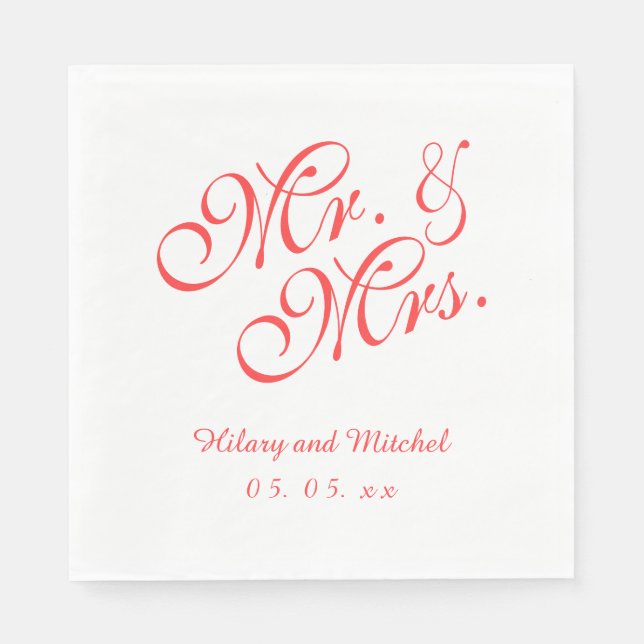 Coral Red Mr och Mrs. | Bröllop Pappra Napkins Pappersservett (Framsidan)