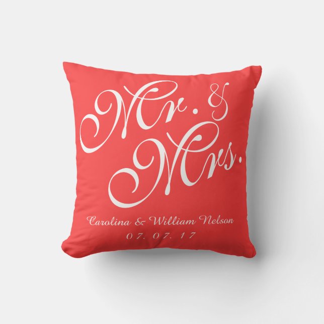 Coral Red Mr och Mrs Bröllop Pillow Kudde (Framsida)