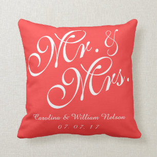 Coral Red Mr och Mrs Bröllop Pillow Kudde