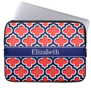 Coral Red Navy 5c Moroccan #5DS Navy Namn Monogram Laptop Sleeve