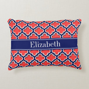 Coral Red Navy 5c Moroccan #5DS Navy Namn Monogram Prydnadskudde