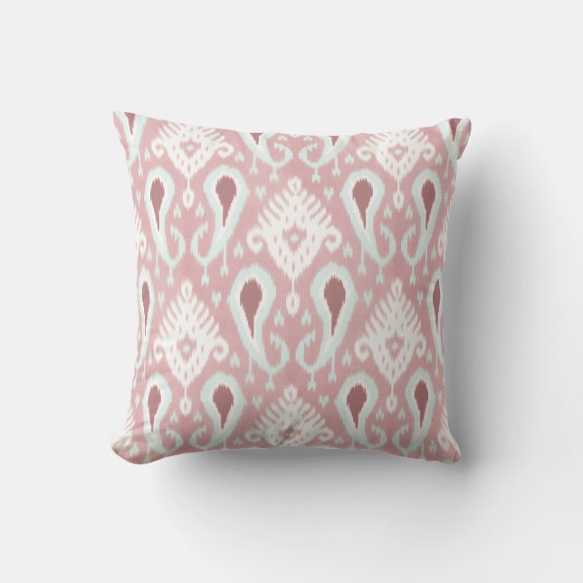 Coral Red Pastel Seafoam Grönt Ikat Tribal Mönster Kudde (Framsida)