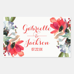 Coral Red Poppy Blommigt Bröllop Monogram Rektangulärt Klistermärke