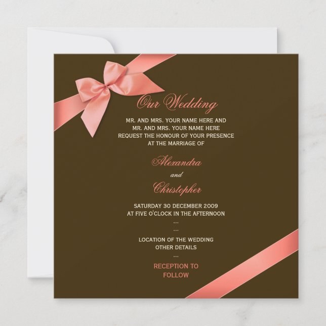 Coral Red Ribbon Bröllop Meddelande 2 Inbjudningar (Framsida)