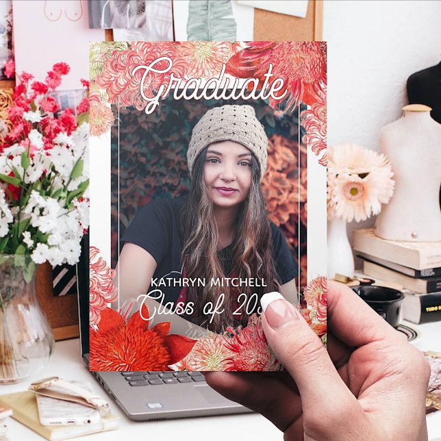 Coral Red Rosa Botanical Boho Blommigt Studenten Vykort (Skapare uppladdad)