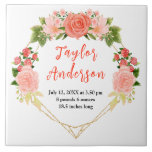 Coral Red Roses Floral Baby Birth Stats Kakelplatta<br><div class="desc">This fun and whimsical tile features watercolor coral pink red roses and foliage on a gold geometric frame. The text combines handwritten script and serif fonts for a stylish and modern look. It can be personalized with your baby's birth stats, such as name, size, date and time of birth, or...</div>