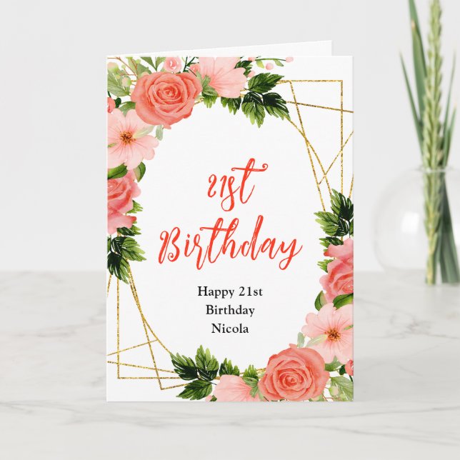 Coral Red Roses with Foliage Birthday Kort (Framsida)