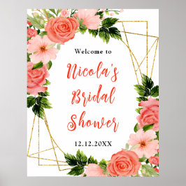 Coral Red Roses with Foliage Bridal Shower Welcome Poster