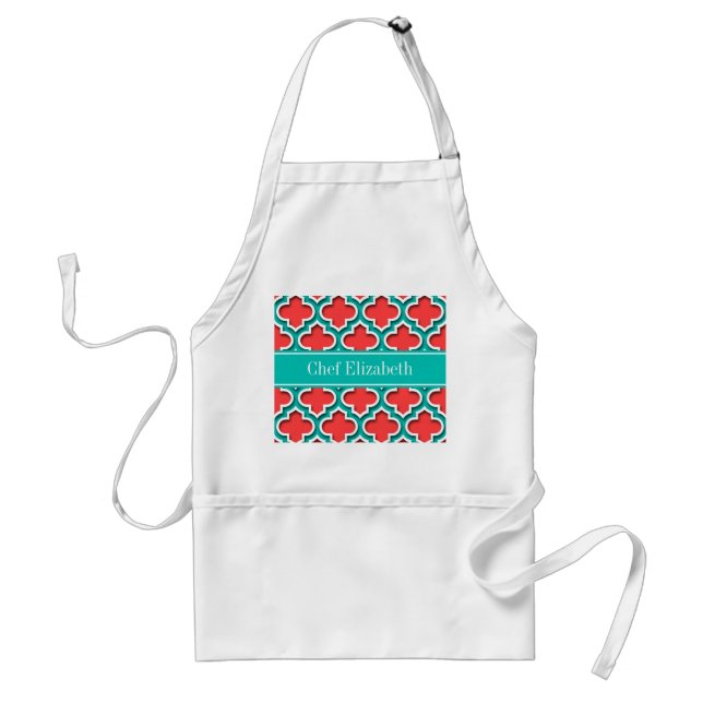 Coral Red, Teal Moroccan #5DS Teal Namn Monogram Förkläde (Framsidan)