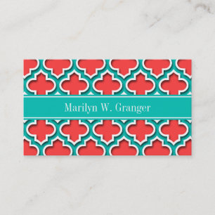 Coral Red, Teal Moroccan #5DS Teal Namn Monogram Visitkort