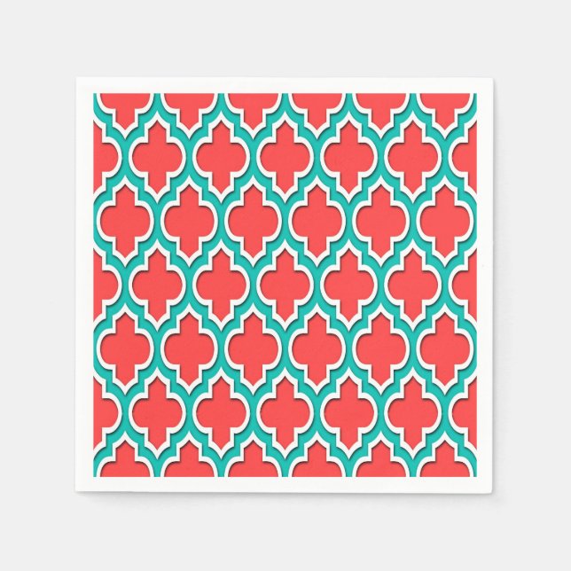 Coral Red Teal White Moroccan Quatrefoil #4DS Pappersservett (Framsidan)