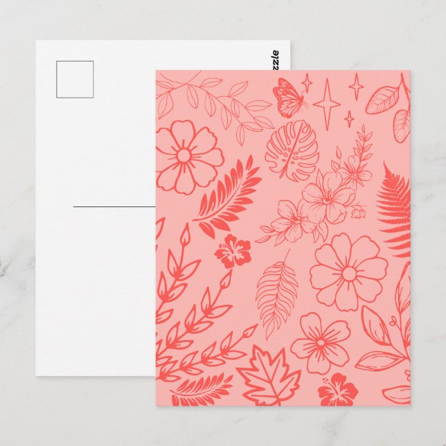 Coral Red Tropical Floral Pattern  Vykort (Fram/baksida)