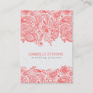 Coral-Red & White Blommigt Paisley Snöre Visitkort