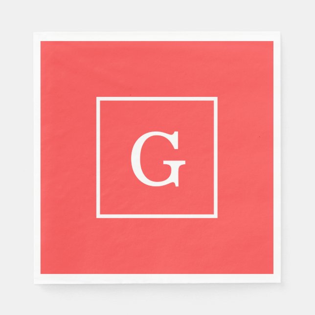 Coral Red White Framed Monogram Pappersservett (Framsidan)