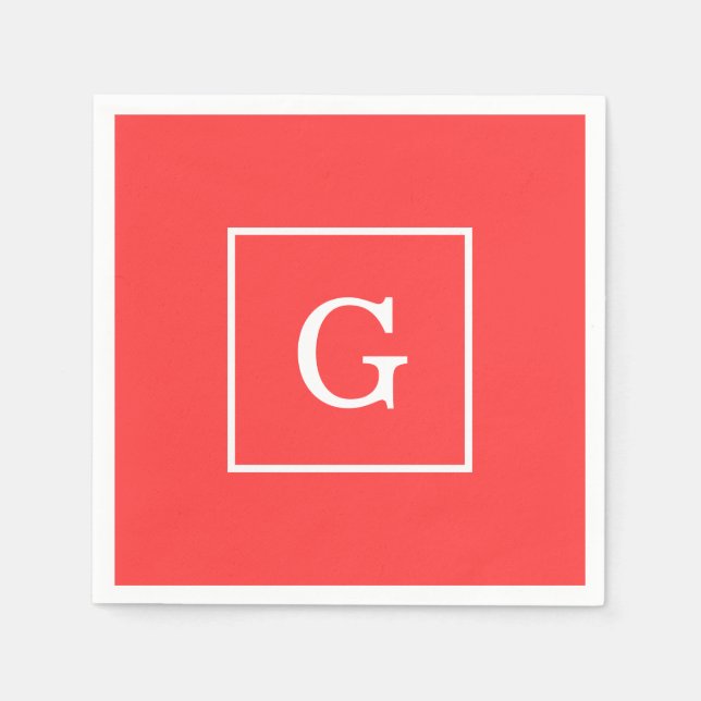 Coral Red White Framed Monogram Pappersservett (Framsidan)