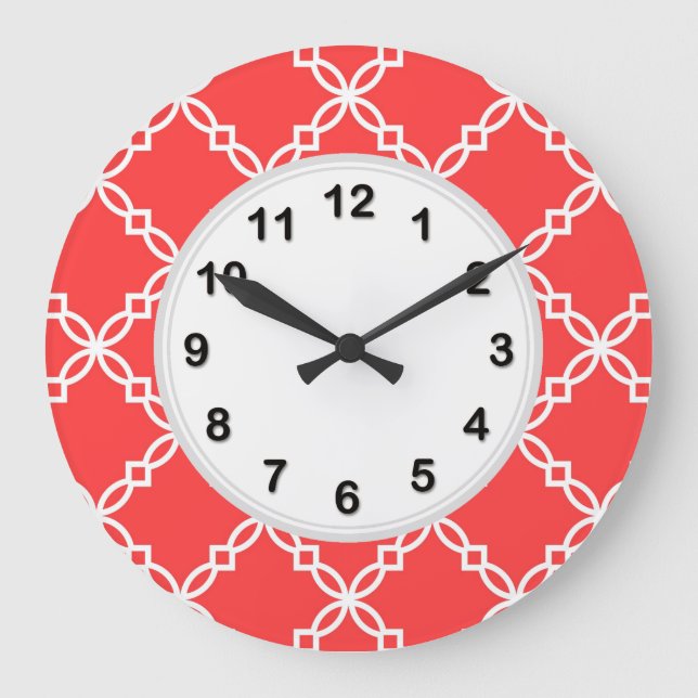 Coral Red White Large Finare Quatrefoil Mönster Stor Klocka (Framsida)