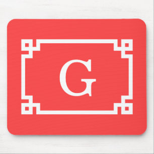 Coral Red Wht Grekiska Nyckel Ram #2 Initial Monog Musmatta