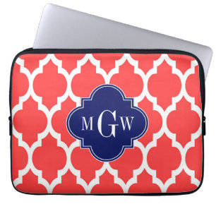 Coral Red Wht Moroccan #4 Navy Namn Monogram Laptop Fodral